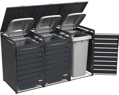 Dreifach-Mülltonnenbox aus anthrazitfarbenen Metall-Lamellen mit geöffneten Deckeln und Fronttüren, eine graue Mülltonne im Inneren.