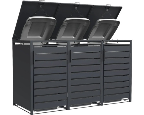 Mülltonnenbox aus Metall für drei Mülltonnen in Anthrazit mit Klappdeckel und Lamellentüren.