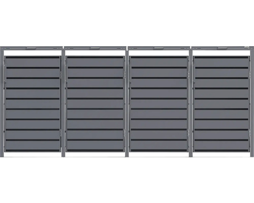 Vierteilige Mülltonnenbox aus Metall mit horizontalen Lamellen in Anthrazit.