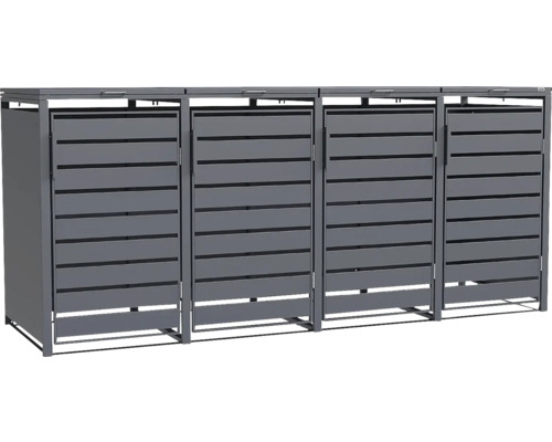 Mülltonnenbox für vier Tonnen, aus Metall mit horizontalen Lamellen, Farbe Anthrazit.