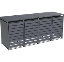 Mülltonnenbox für 4 Tonnen aus Metall in Dunkelgrau mit waagerechten Lamellen und Klappdeckeln.