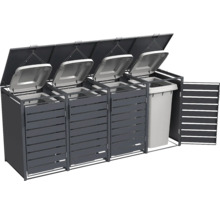 Mülltonnenbox aus Metall in Anthrazit für vier Mülltonnen mit Klappdeckeln und Lamellentüren.
