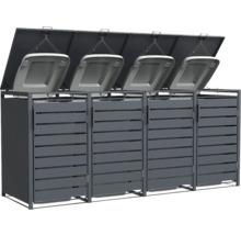 Mülltonnenbox für 4 Tonnen aus Metall in Anthrazit mit horizontalen Lamellen und geöffneten Klappdeckeln.