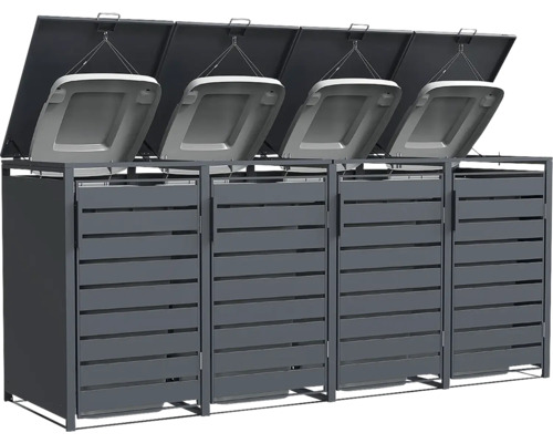 Mülltonnenbox für 4 Tonnen aus Metall in Anthrazit mit horizontalen Lamellen und geöffneten Klappdeckeln.