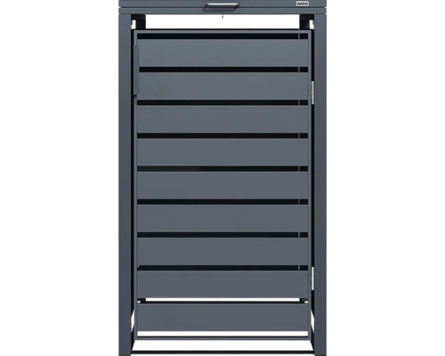 Cache-poubelle anthracite Weka en métal avec lattes horizontales, couvercle avec poignée et porte frontale.