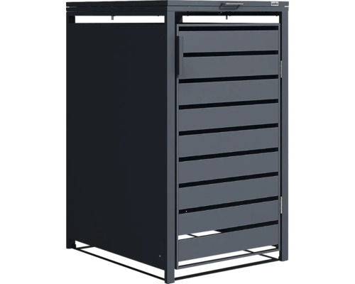 Cache-poubelle en métal anthracite de Weka avec porte à lattes et couvercle rabattable.