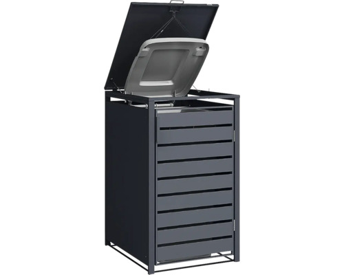 Cache-poubelle en métal anthracite avec façade à lamelles et couvercle ouvert avec système de levage pour le bac.