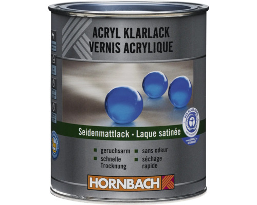Dose Hornbach Acryl Klarlack, seidenmatt, wasserbasiert, schnelltrocknend und geruchsarm, mit dem Umweltsiegel Der Blaue Engel.