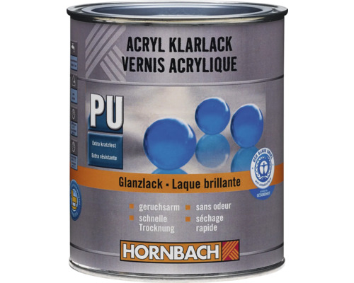 Vernis acrylique HORNBACH brillant 2 l Vernis acrylique brillant Hornbach, polyuréthane, extra résistant, faible odeur, séchage rapide, avec label Ange Bleu et Hornbach Logo.