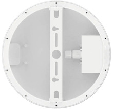 Vue arrière d un plafonnier LED rond avec support de montage et raccordement de câble.