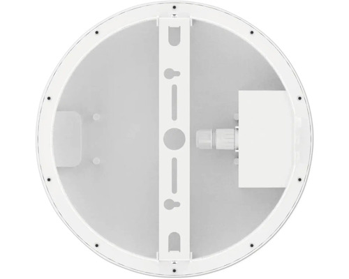 Vue arrière d un plafonnier LED rond avec support de montage et raccordement de câble.
