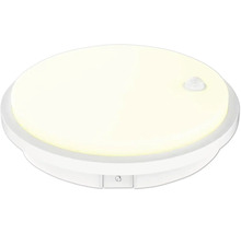 Plafonnier LED rond avec détecteur de mouvement en plastique blanc.