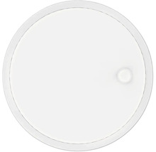 Détecteur de fumée blanc et rond au design plat avec un petit bouton circulaire sur le côté.