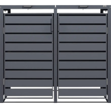 Weka Mülltonnenbox aus Metall für zwei Mülltonnen mit horizontalen Lamellen, zwei Türen und zwei Deckeln.