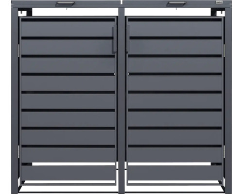 Weka Mülltonnenbox aus Metall für zwei Mülltonnen mit horizontalen Lamellen, zwei Türen und zwei Deckeln.