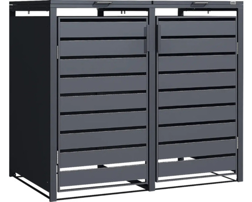 Anthrazitfarbene Mülltonnenbox für zwei Abfallbehälter aus Metall mit waagerechten Lamellen und zwei Deckeln.