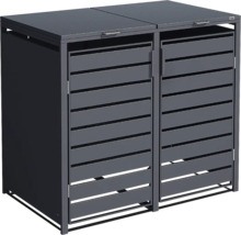 Anthrazitfarbene Mülltonnenbox aus Metall für zwei Tonnen mit Lamellentüren und Klappdeckeln.