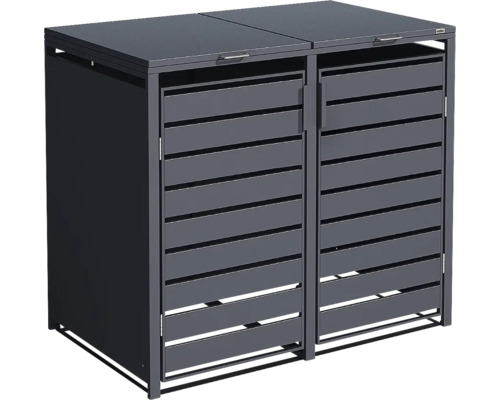 Anthrazitfarbene Mülltonnenbox aus Metall für zwei Tonnen mit Lamellentüren und Klappdeckeln.