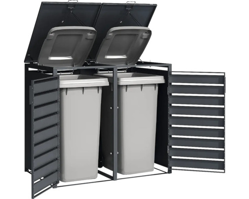 Anthrazitfarbene Mülltonnenbox aus Metall für zwei Tonnen mit geöffneten Lamellentüren und Deckeln.