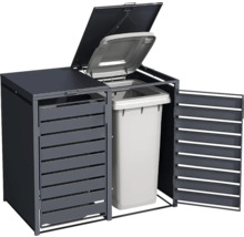 Anthrazitfarbene Mülltonnenbox aus Metall für zwei Mülltonnen, eine Tür und der Deckel sind zur Demonstration geöffnet.