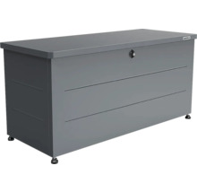 Graue Auflagenbox aus Metall mit Deckel, Schloss und horizontalen Rillen, Weka Logo.