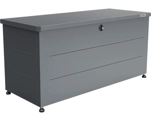 Graue Auflagenbox aus Metall mit Deckel, Schloss und horizontalen Rillen, Weka Logo.