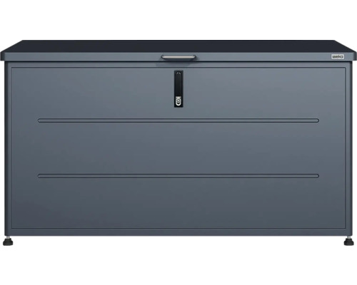 Coffre de jardin Weka en métal anthracite avec poignée de couvercle et serrure à cylindre.