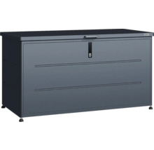 Coffre de jardin Weka en métal anthracite, verrouillable, avec poignée et pieds réglables.
