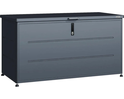 Coffre de jardin Weka en métal anthracite, verrouillable, avec poignée et pieds réglables.