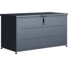 Coffre de jardin Weka en métal avec couvercle plat, poignée, serrure, pieds réglables et Weka Logo.