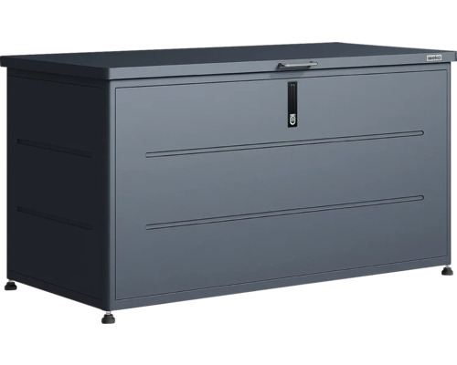 Coffre de jardin Weka en métal avec couvercle plat, poignée, serrure, pieds réglables et Weka Logo.