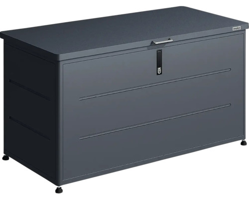 Coffre de jardin en métal anthracite de Weka avec couvercle plat, poignée et serrure intégrée.