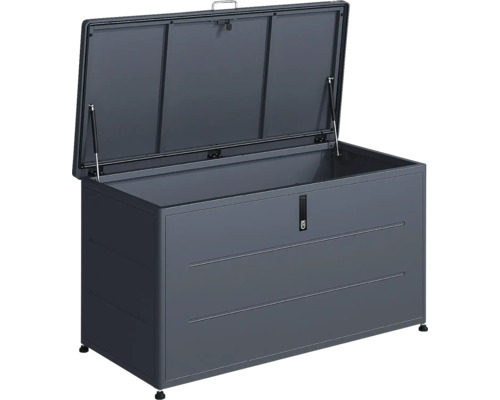 Coffre de jardin en métal anthracite avec couvercle ouvert et vérins à gaz.