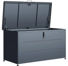 Grand coffre à coussins en métal anthracite avec couvercle ouvert et vérins à gaz pour le jardin.