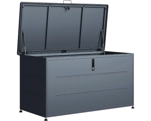 Grand coffre à coussins en métal anthracite avec couvercle ouvert et vérins à gaz pour le jardin.