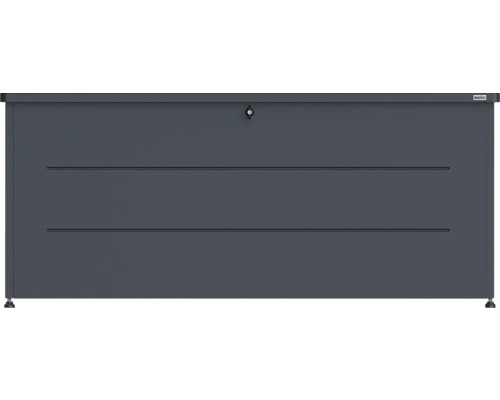 Weka Gartenbox aus Metall in Anthrazit, abschließbar, mit horizontalen Linien und Standfüßen.