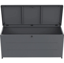 Gartenbox aus Metall in Dunkelgrau mit geöffnetem Deckel, Gasdruckfedern und Schloss.