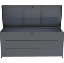 Offene Gartenbox aus Metall in Dunkelgrau mit Gasdruckfedern und Schloss.