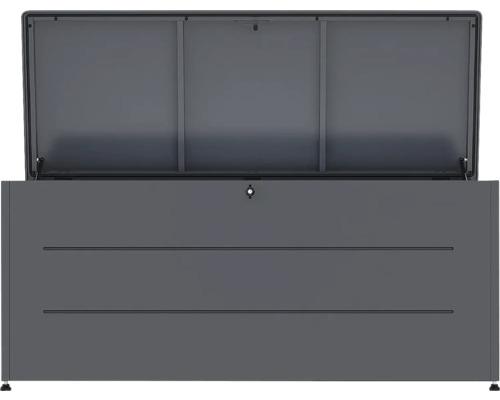 Dunkelgraue Gartenbox aus Metall mit geöffnetem Deckel und Schloss.