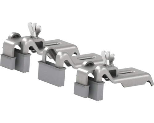 Pinces métalliques avec écrous à oreilles et pieds en plastique gris.