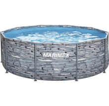 Piscine tubulaire ronde Marimex avec aspect pierre et structure métallique.