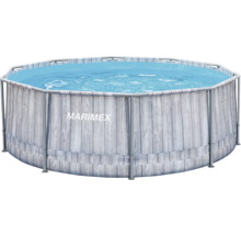 Runder Marimex Rahmenpool mit Außenwand in Holzoptik und sichtbarem Metallgestell, gefüllt mit Wasser.