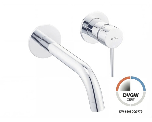 AVITAL Wand-Waschtischarmatur, verchromt, mit gebogenem Auslauf und Einhebelmischer, DVGW zertifiziert.