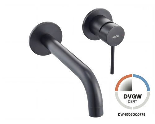 AVITAL Wand-Waschtischarmatur in Schwarz matt, 2-Loch-Armatur mit gebogenem Auslauf und Einhebelmischer, DVGW zertifiziert.