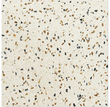 Bodenfliese in Terrazzo-Optik mit heller Grundfarbe und feinen Steineinschlüssen in Brauntönen und Dunkelgrau.