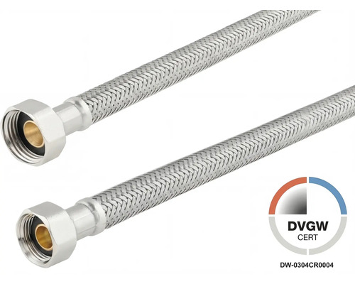 Tuyau de raccordement flexible en tresse en acier inoxydable et DVGW Logo.