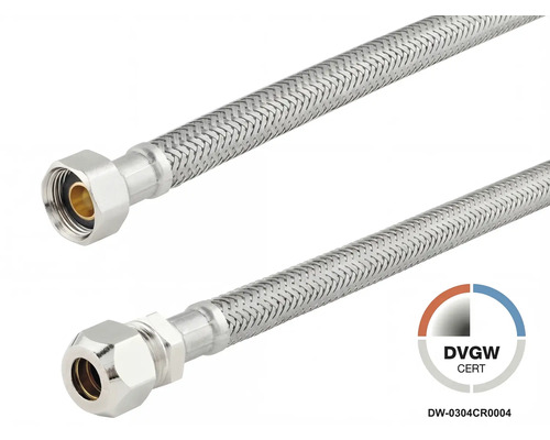 Deux tuyaux flexibles tressés avec raccords métalliques et certification DVGW.