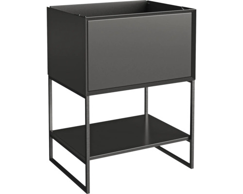 Anthrazitfarbener Waschtischunterschrank mit einer Schublade, offenem Ablagefach und schwarzem Metallgestell.