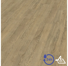 Sol stratifié aspect chêne avec veinage réaliste, résistant à l'eau pendant 24 heures et robuste.