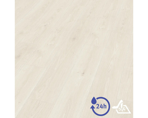 Revêtement de sol stratifié aspect bois avec symboles de résistance à l'eau pendant 24 heures et haute résistance.